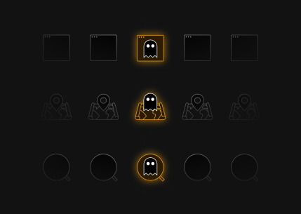 A set of three graphics. The first is a ghost on top of a computer program window. The second is a ghost on top of a map. The third graphic is a ghost on top of a magnifying glass.