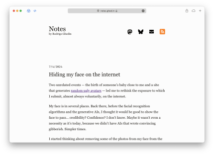 Screenshot of my post “Hiding my face on the internet” in a macOS Safari window.