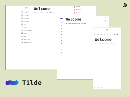 A collage of three screen sizes for the Tilde text editor: desktop, tablet and mobile. The Tilde app logo is in the bottom left corner.