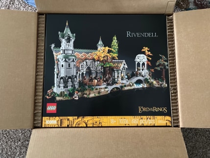 The new LEGO LOTR Rivendell set in a freshly-opened shipping box.