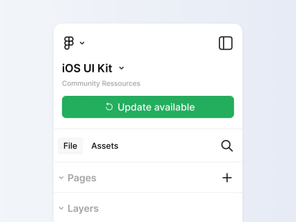 The left sidebar of the Figma user interface displays an iOS UI Kit file with a green "Update available" button, indicating that a new version of the community resource is available for download.