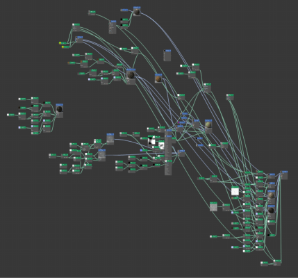 Screengrab from 3D rendering software with a complicated arrangement of files all interconnected in a mess.
