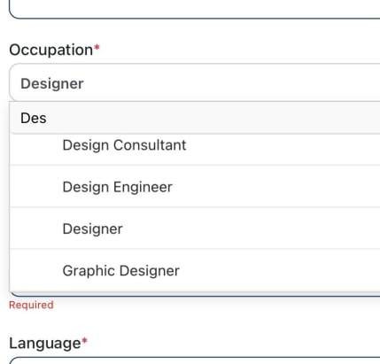 A dropdown for occupation showing the options, Designer, Design Consultant, Design Engineer, Graphic Designer