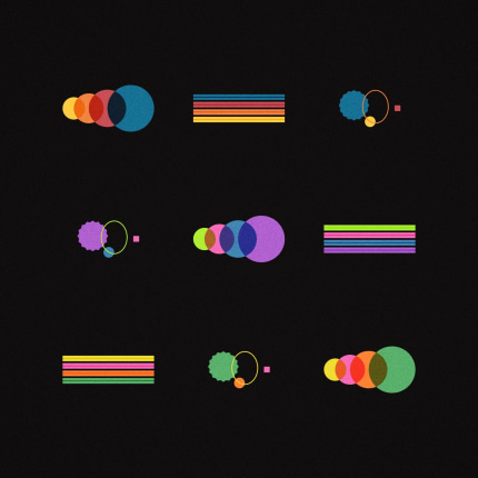 A set of 9 illustrations grouped in threes based on color combinations. Dark background.