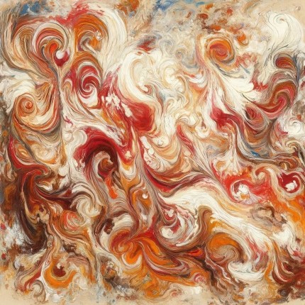 A pasta sauce turned into an impressionist painting. It features swirls of red, cream and orange.