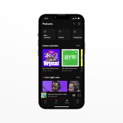 A concept for YouTube Music showing a hypothetical podcasts tab