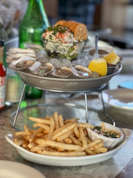 oyster tower, crab louie, and fries