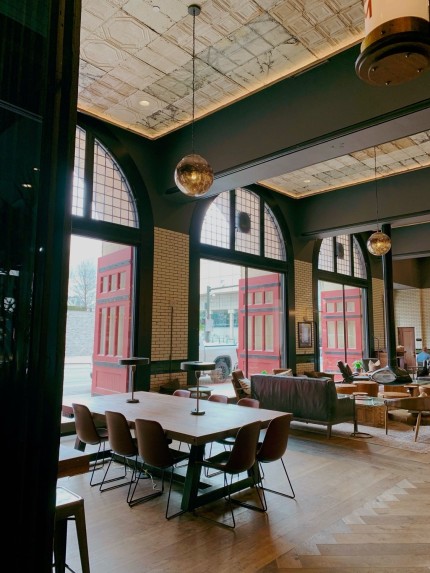 hotel lobby in a converted firehouse