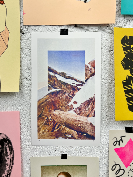 Three-color landscape rock collage Risograph print