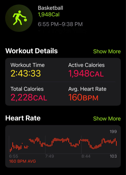 Basketball workout:
Workout time: 2 hours, 43 minutes, 33 seconds
Active calories: 1948
Total calories: 2228
Average heart rate: 160bpm