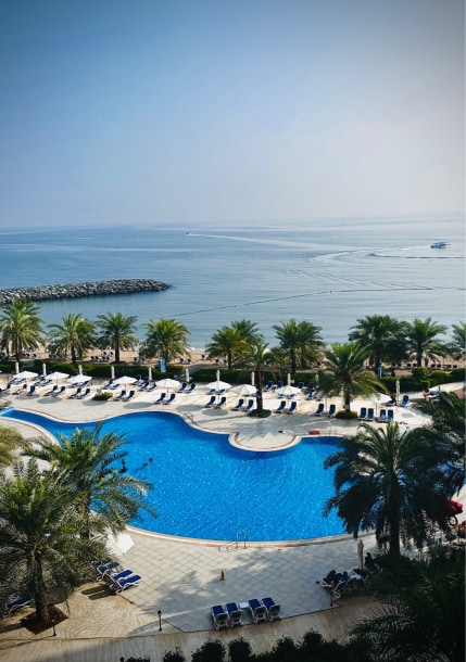 Beautiful photo of serene sea view and pool