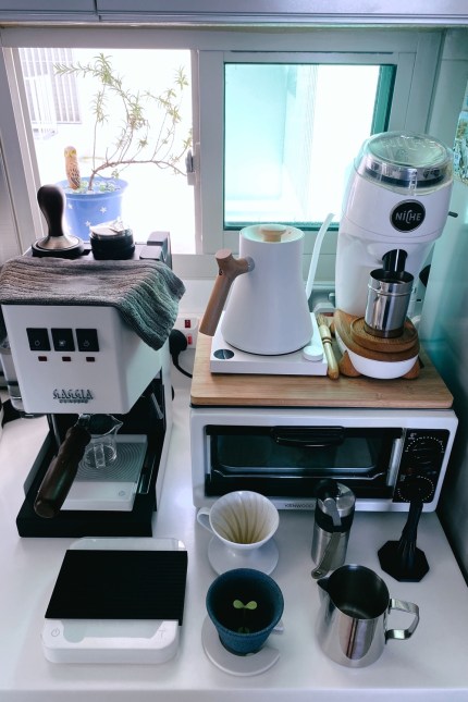 a lot of coffee equipment