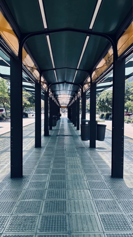 An empty bus stop in downtown Buenos Aires.