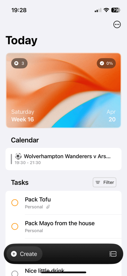 A task management app called “TodayApp” on iOS. It shows the home screen with abstract art at the top and the calendar and tasks separated at the bottom.