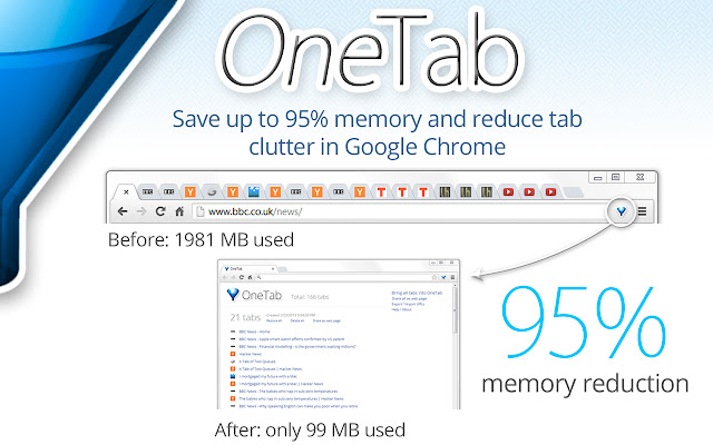 OneTab Extension for Google Chrome Save up to 95% Memory Reduce Tab Clutter