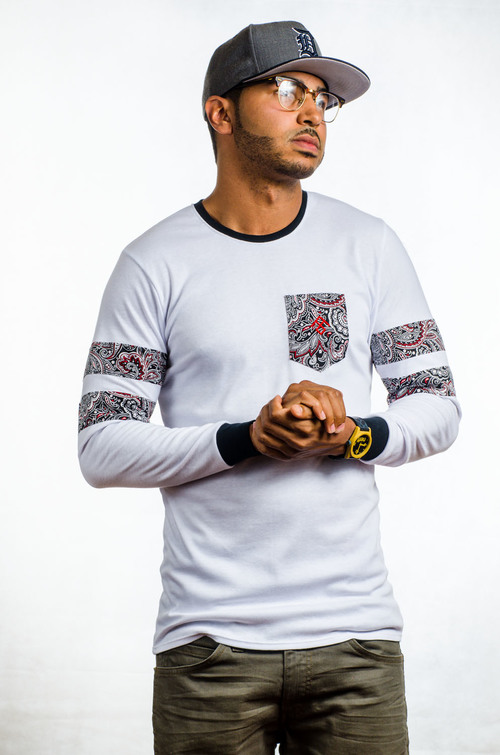 Terrence Jones is wearing his Bandanna Longsleeve cotton body t-shirt with a traditional straight hem.