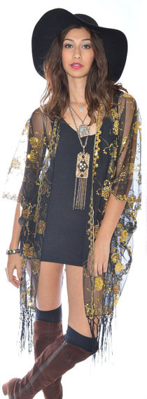 Gold Sheer Lace Sequins Fringe Cocktail Party Kimono $32 on Etsy.com