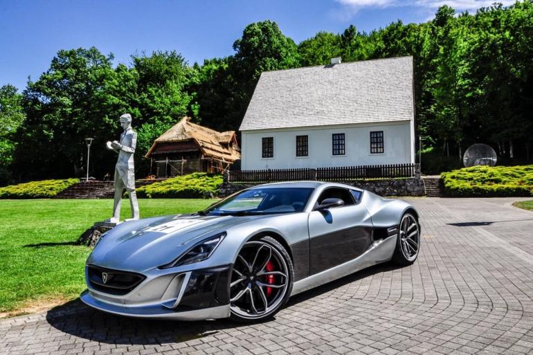 Rimac supercar in front of Nikola Tesla museum