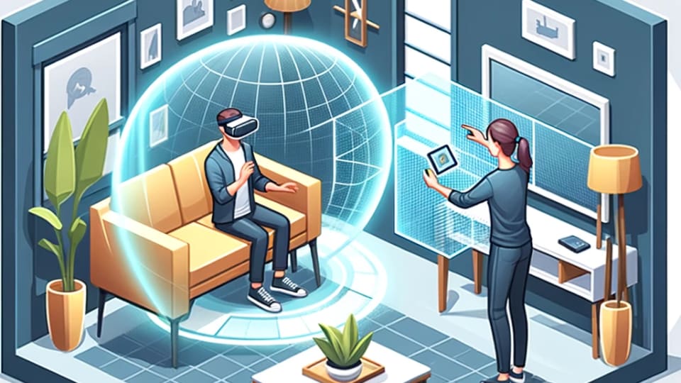 Person experiencing a rendering through VR, with a detailed 3D model of the product in a virtual environment.png