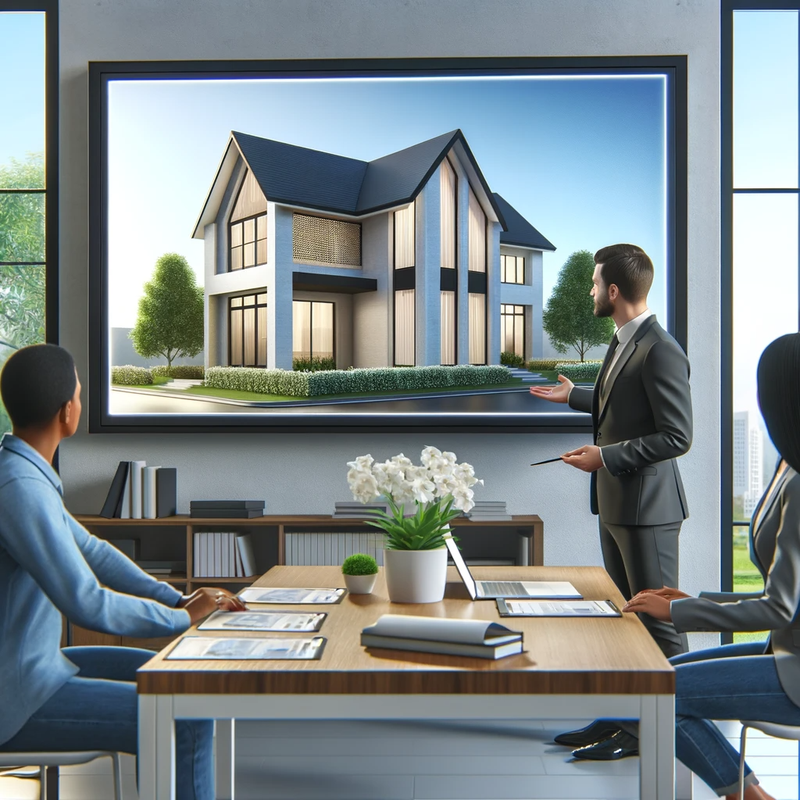 An agent presenting a 3D rendered model of a house to potential buyers.png