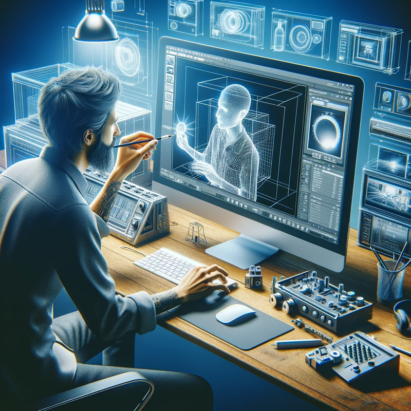 Digital artist working in a modern advertising studio, surrounded by high-tech equipment.png
