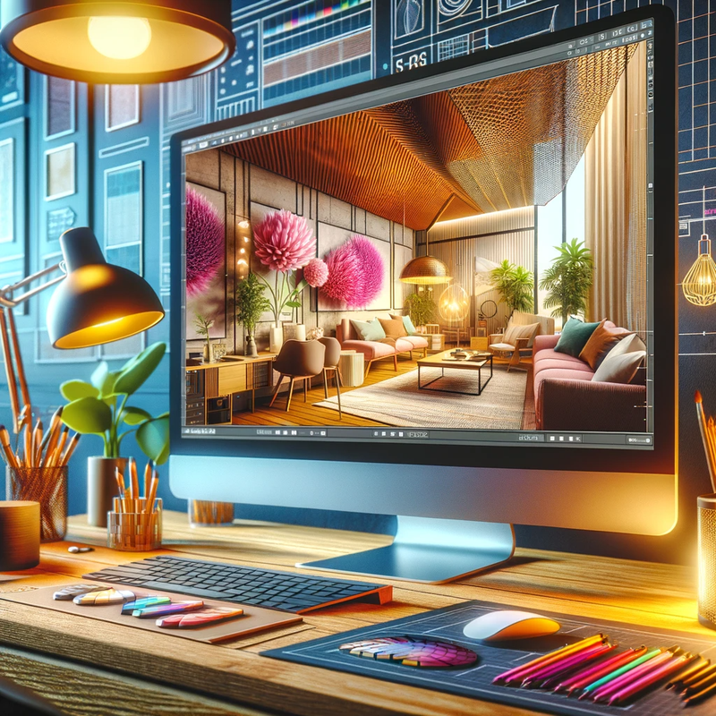 Workspace with a computer screen showing a detailed interior rendering.png