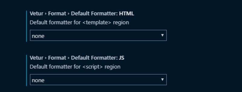 Visual Studio Code Vetur settings showing HTML and JS formatters set to none