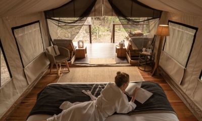 Inside a deluxe safari tent at a Jervis Bay glamping retreat