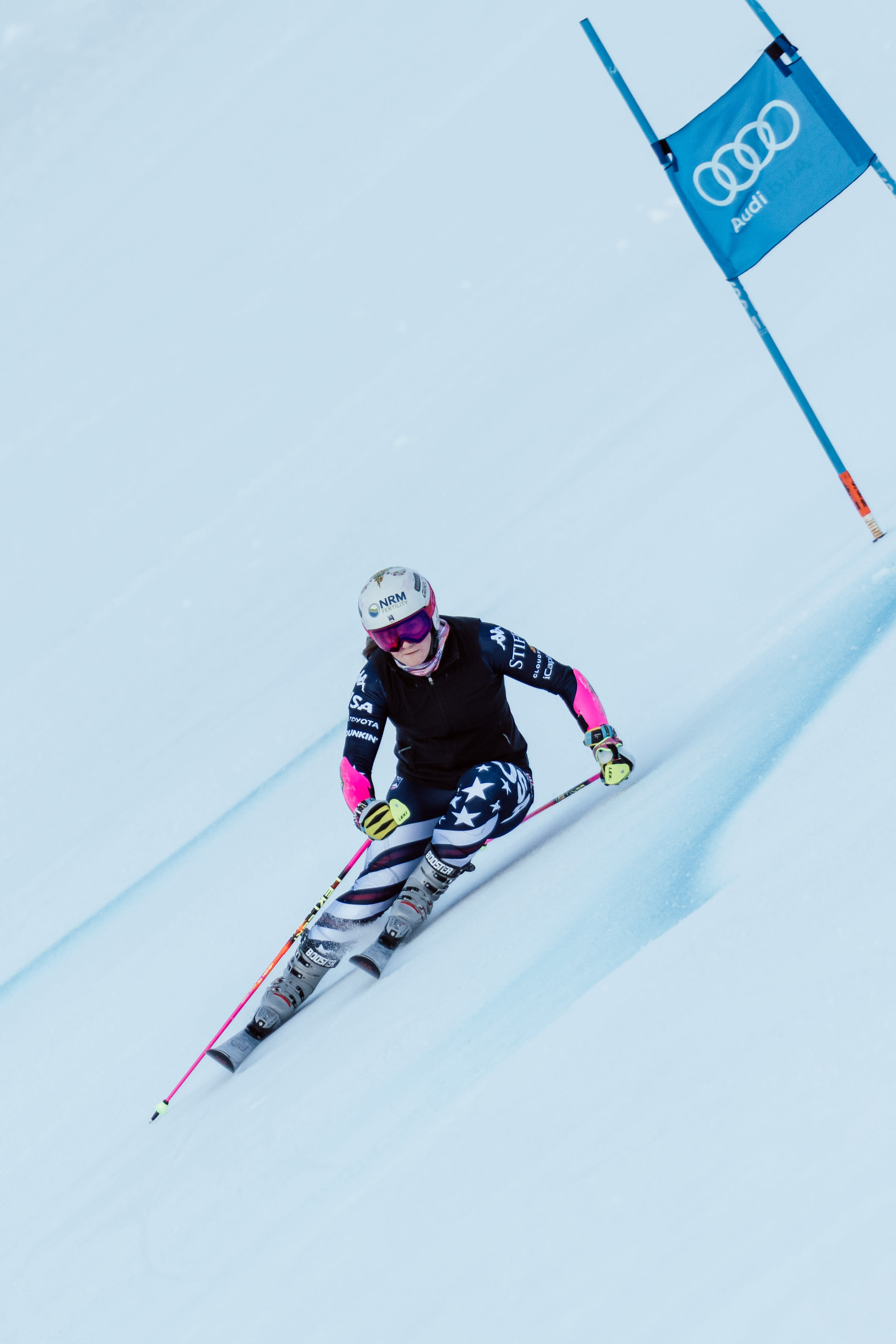 Skirennfahrerin fährt mit hoher Geschwindigkeit durch ein blaues Riesentorlauf-Tor auf einer verschneiten Piste und legt sich tief in die Kurve.