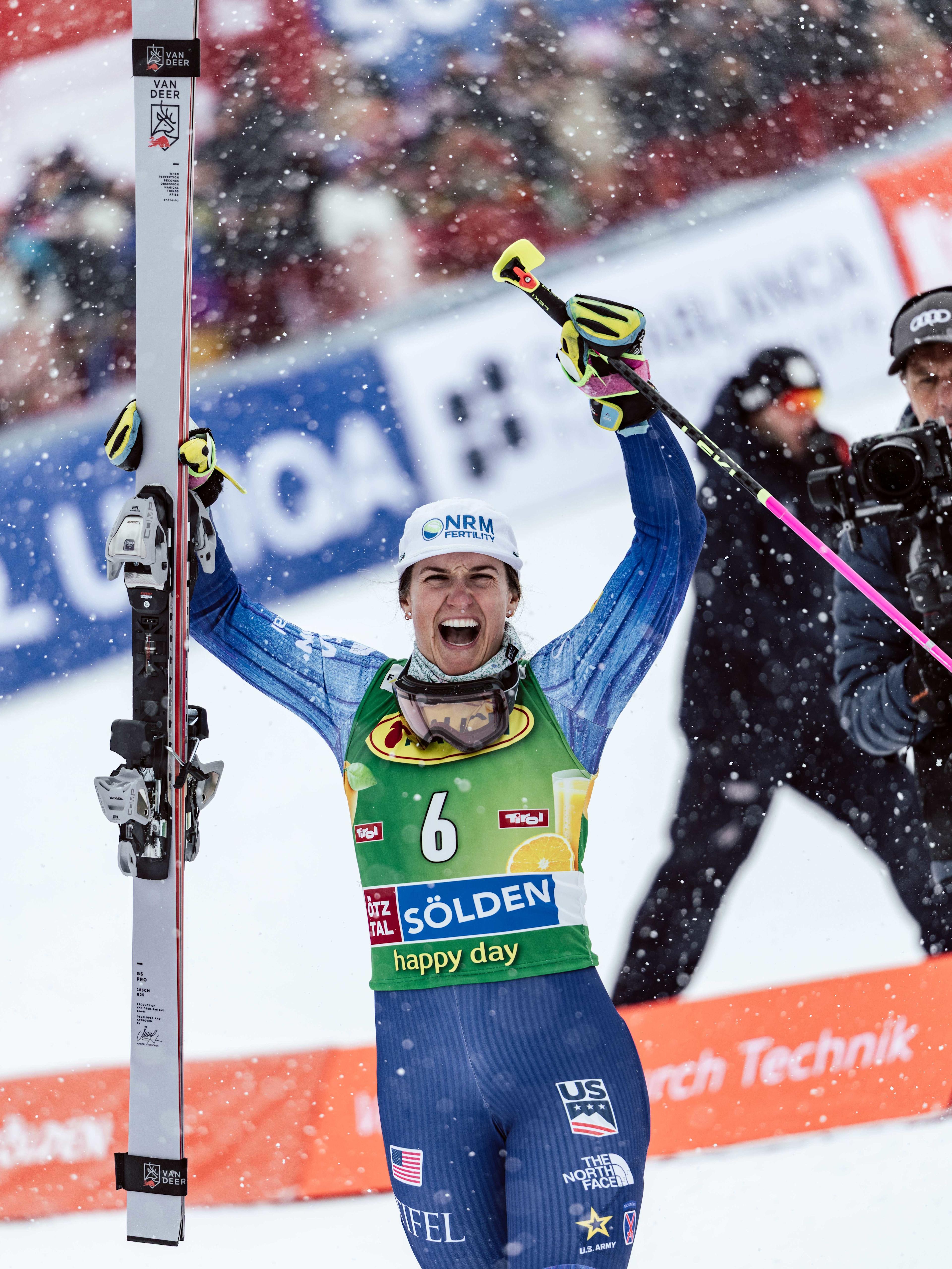 Paula Moltzan celebrates after taking victory at the Audi FIS Ski World Cup season opener in Sölden on VAN DEER-Red Bull Sports skis.
