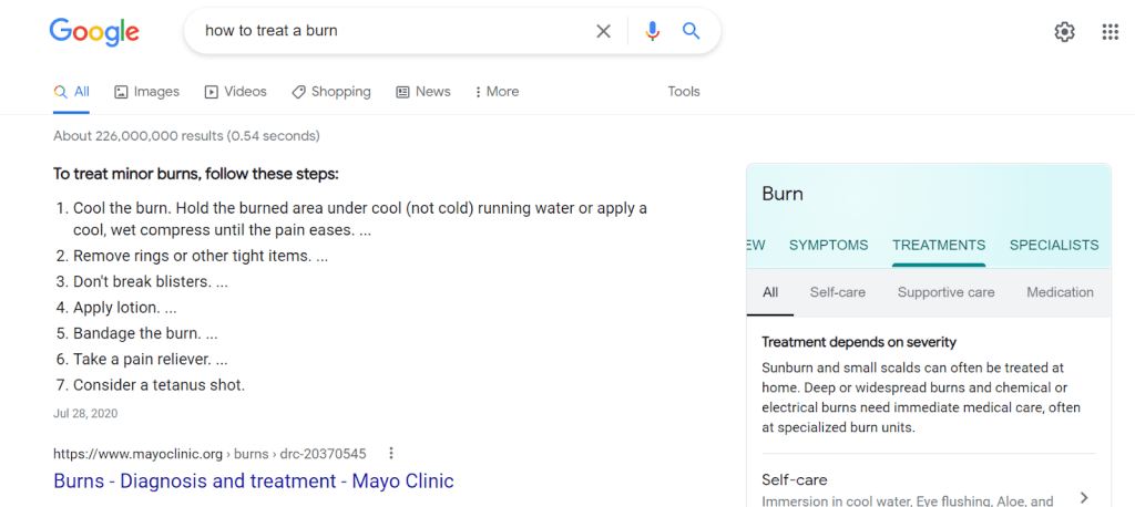 Google featured snippet when searching "how to treat a burn"