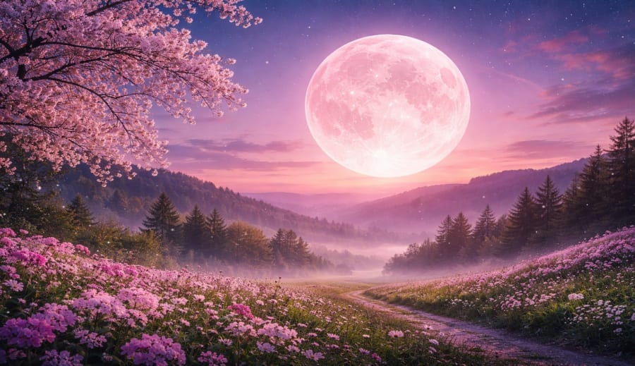 Růžový úplněk: Kouzlo jarní oblohy a nový začátek