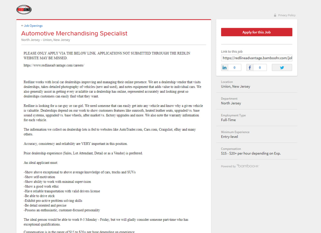 Job Posting Detail Redline Automotive Merchandising