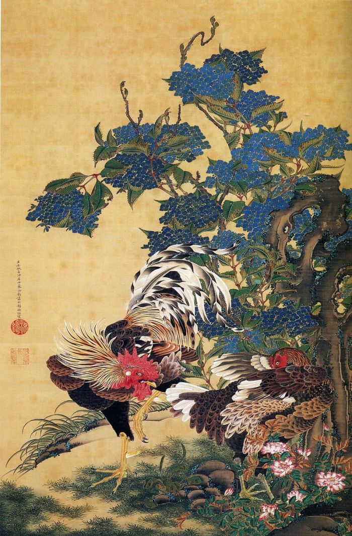 Rooster and Hen with Hydrangeas. Part of the series Dōshoku sai-e,by_Ito_Jakuchu, ukiyo-e