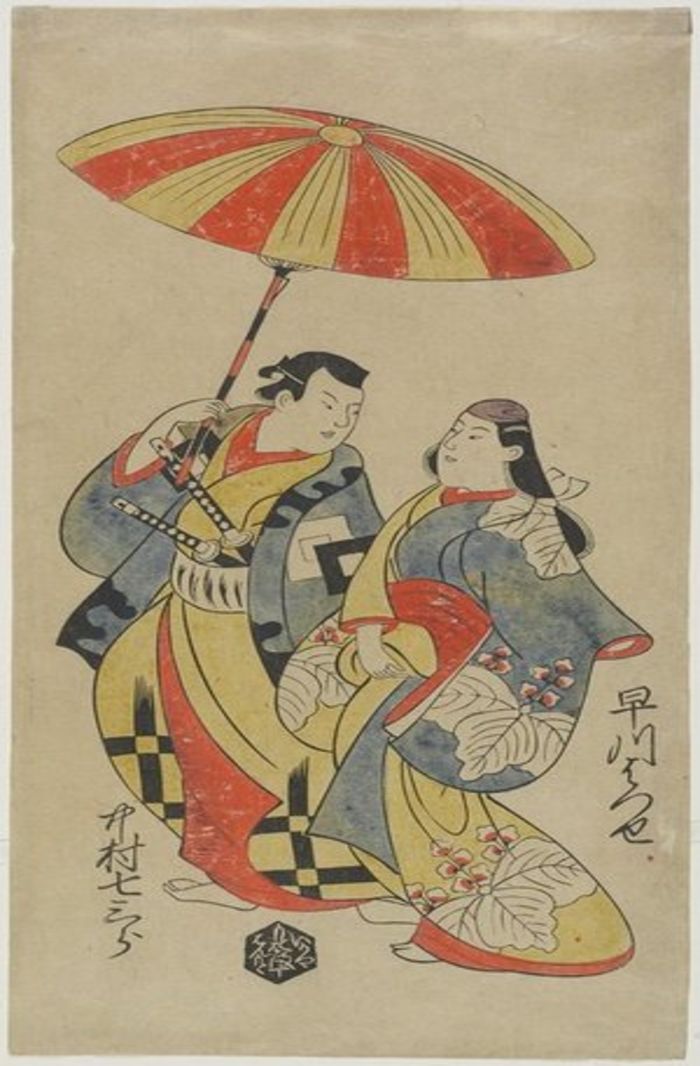 Nakamura Shichisaburo as Chihara Sakonnosuke and Hayakawa Hatsuse as The Courtesan Okuni, by Torii Kiyonobu I, c. 1702, ukiyo-e, yakusha-e