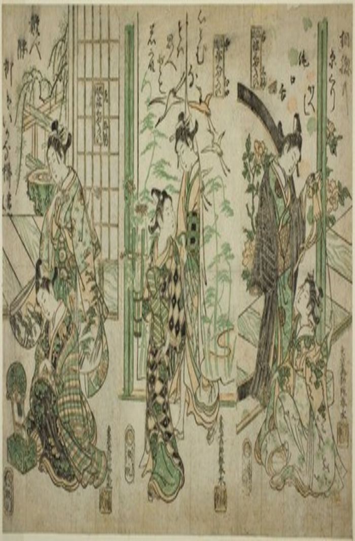 A Triptych of Fashionable No Plays, by Miyagawa Shunsui, c. 1750, ukiyo-e, yakusha-e