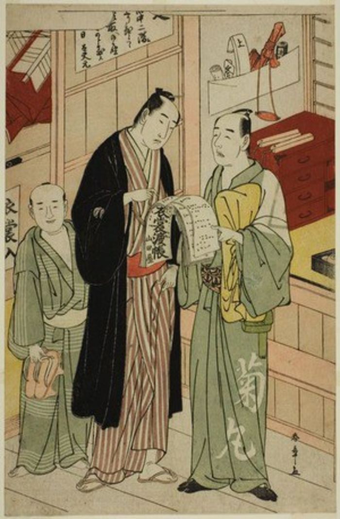 Onoe Matsusuke I in the Wardrobe Room of a Theater, by Katsukawa Shunsho,c. 1783, ukiyo-e, yakusha-e