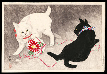 Playing cats, Shotei Takahashi, c. 1929, kacho-e