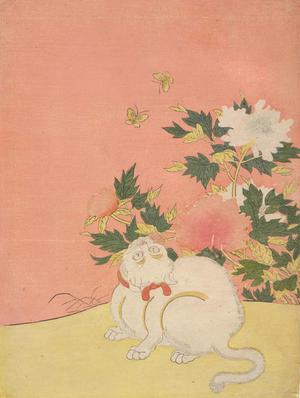 Cat, Butterflies, and Peonies (1766) by Suzuki Harunobu - kacho-ga