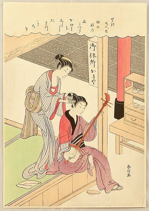 Combing Hair,by Suzuki Harunobu, c.1769, bijin-ga