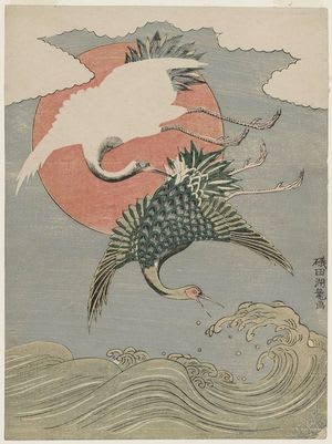 Cranes, Waves and Sun, Isoda Koryusai, c. Edo, kacho-e