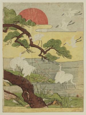 White Herons, Pine Tree, and Rising Sun, Isoda Koryusai, c. Edo, kacho-e
