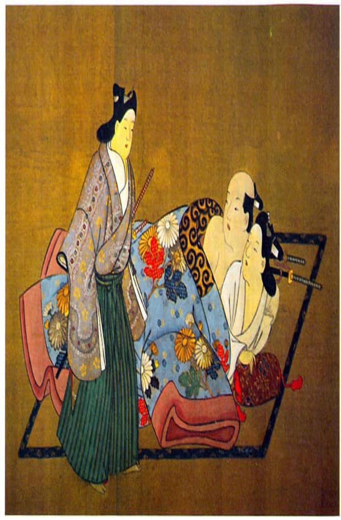 Three Samurai, the Flowered Robe by Miyagawa Chōshun