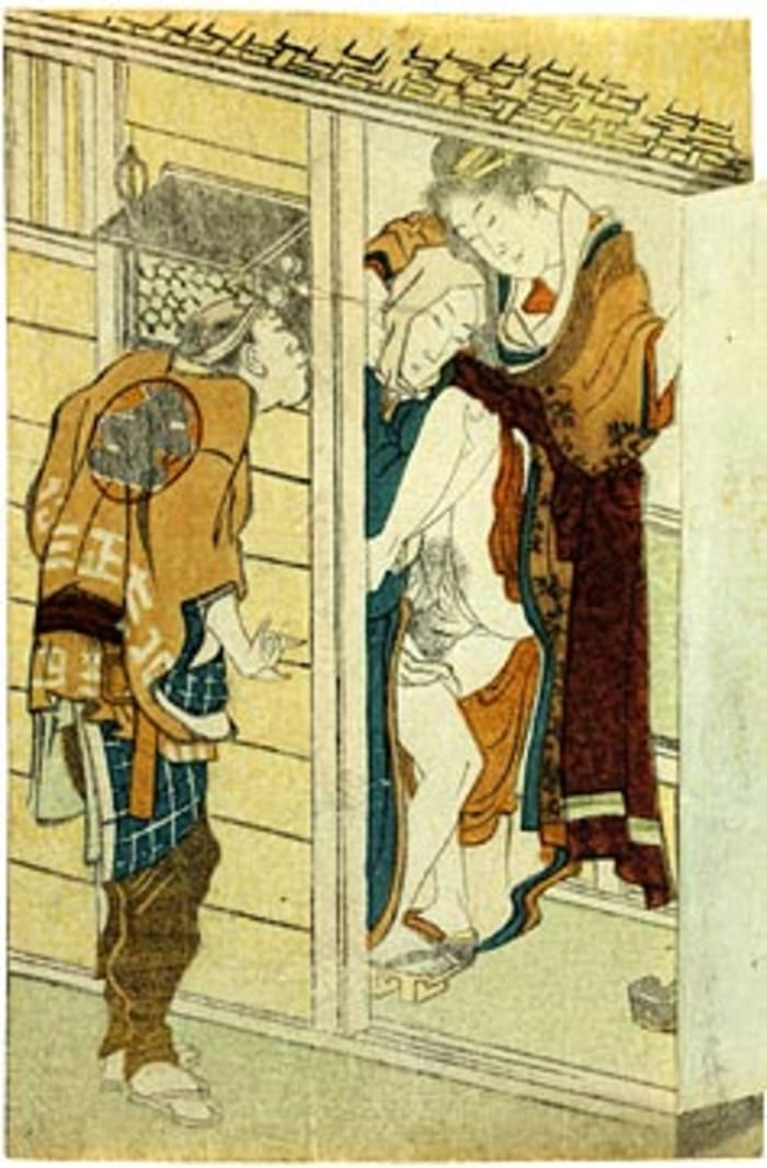 Hokusai, man peeping, ca. 1805, door open, shunga