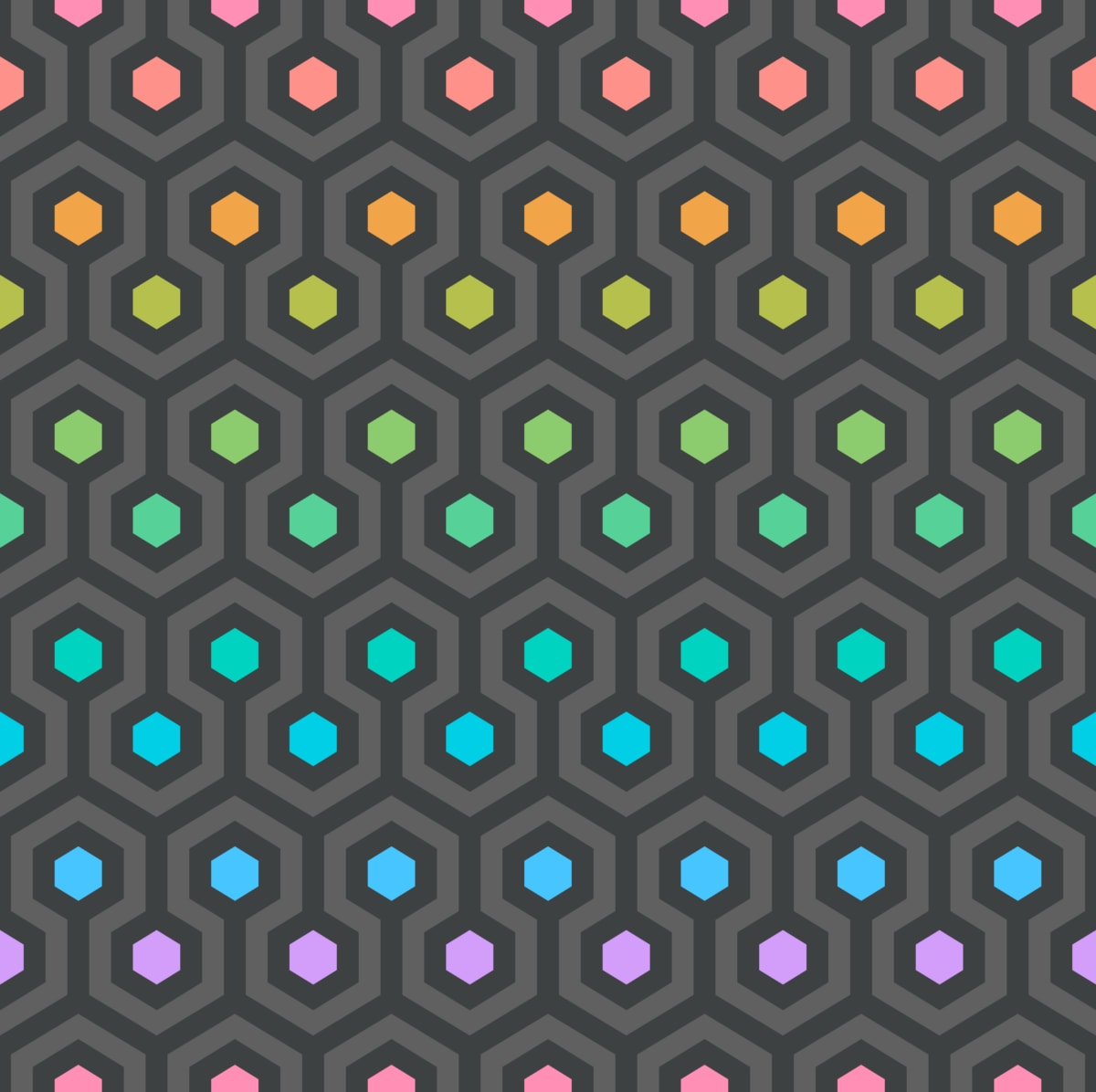 Geometric Pattern: Looped Hexagons: Chalk Rainbow / Red Wolf