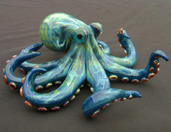 Large Blue Glass Octopus Sculpture / Emergent Glassworks