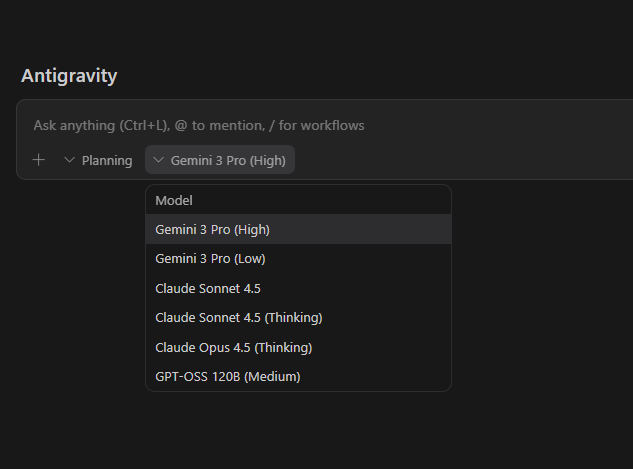 google antigravity available models.png