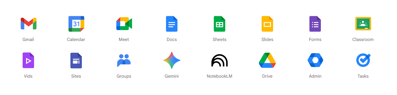 Google Workspace for Education apps including Gmail, Calendar, Meet, Docs, Sheets, Slides, Forms, Classroom, and more
