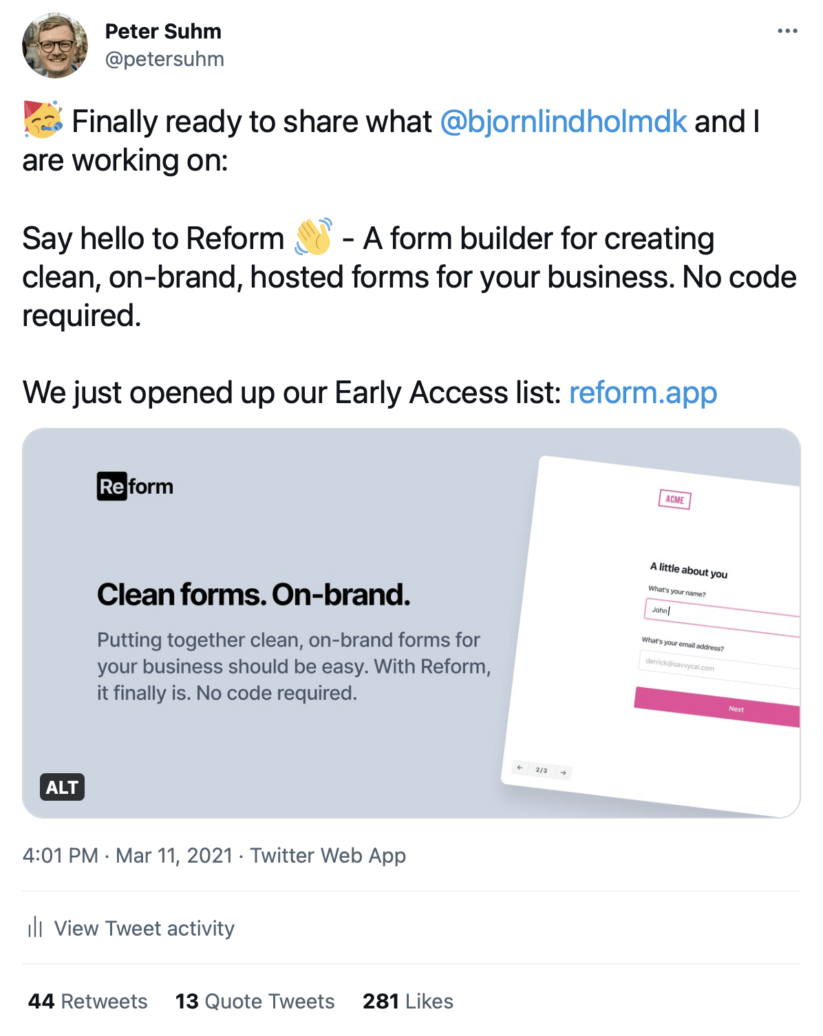 Screenshot of Reform announcement tweet