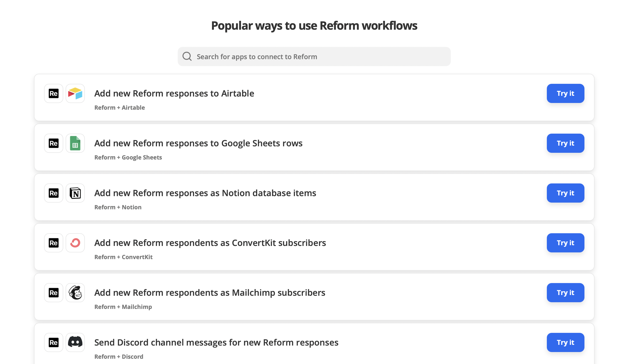 Screenshot of Reform Zapier integrations